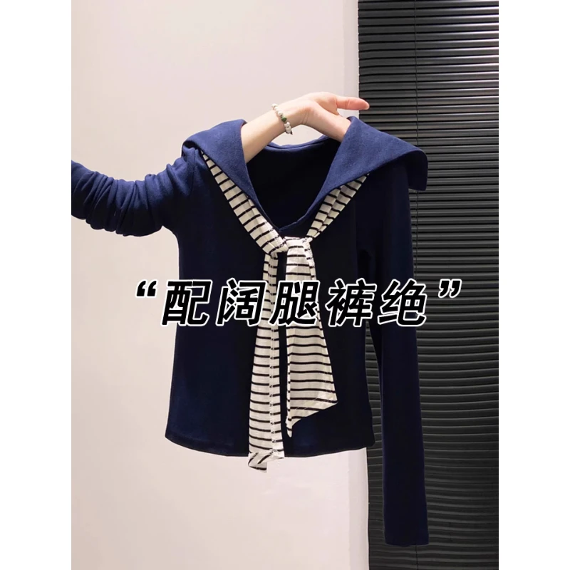 藏青色海军领长袖T恤女2025早秋穿搭条纹领带拼接V领打底衫上衣