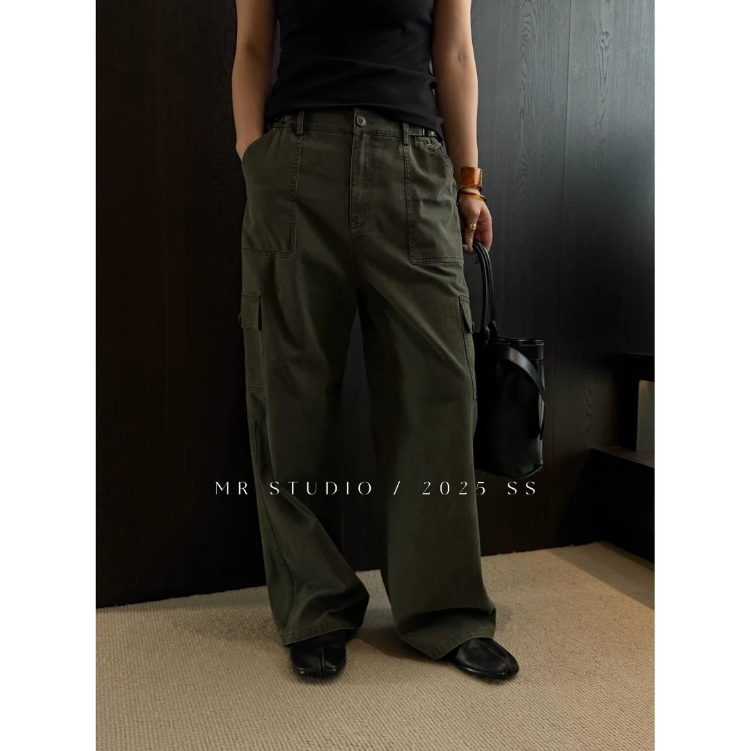 【YILI显瘦女装】美式100%棉灰绿高街潮流工装牛仔裤 Y0808