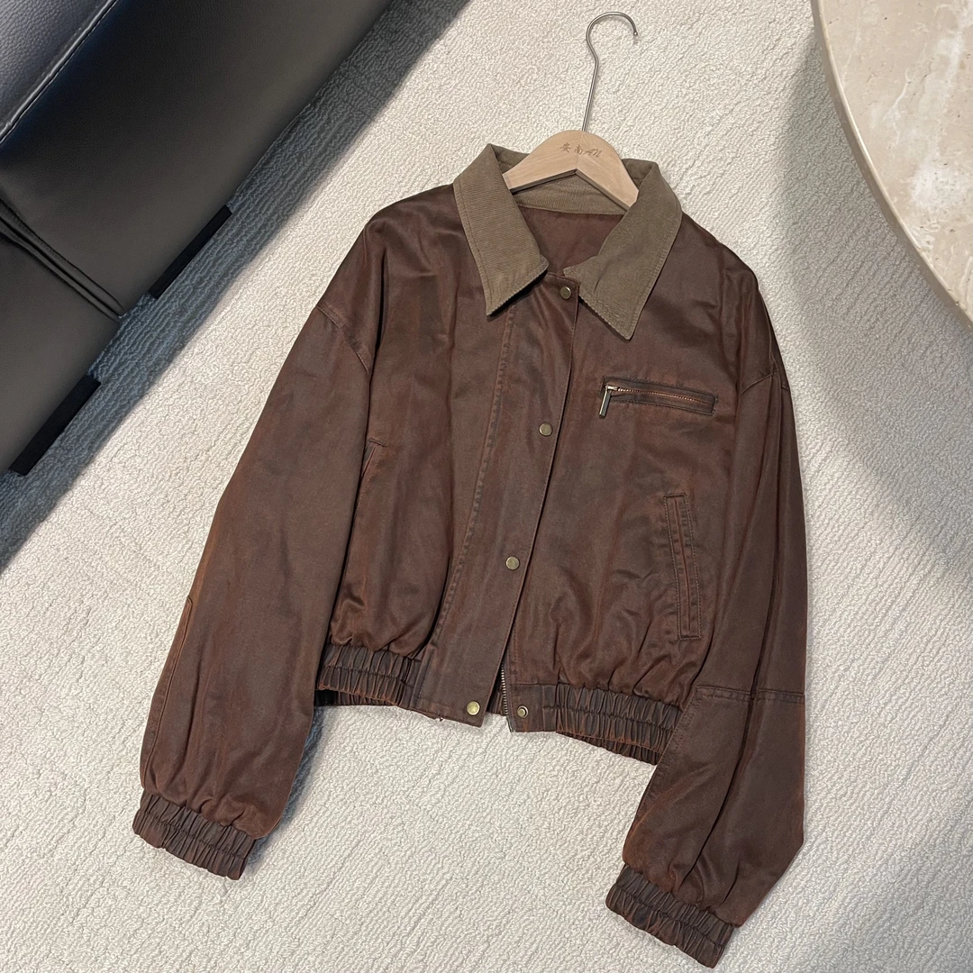 B8339秋季新款时尚小众复古拼色领口洋气休闲外套