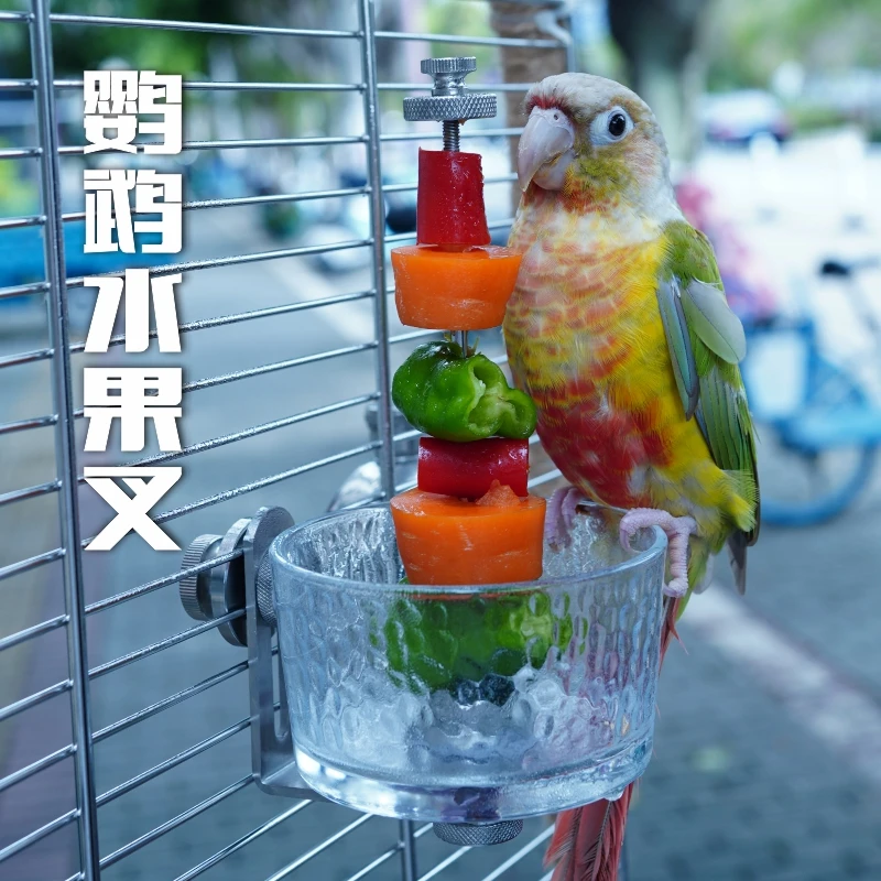 鹦鹉食盒玻璃支架式鸟笼内挂喂鸟器鸟用水果叉盒槽罐宠物用品定制