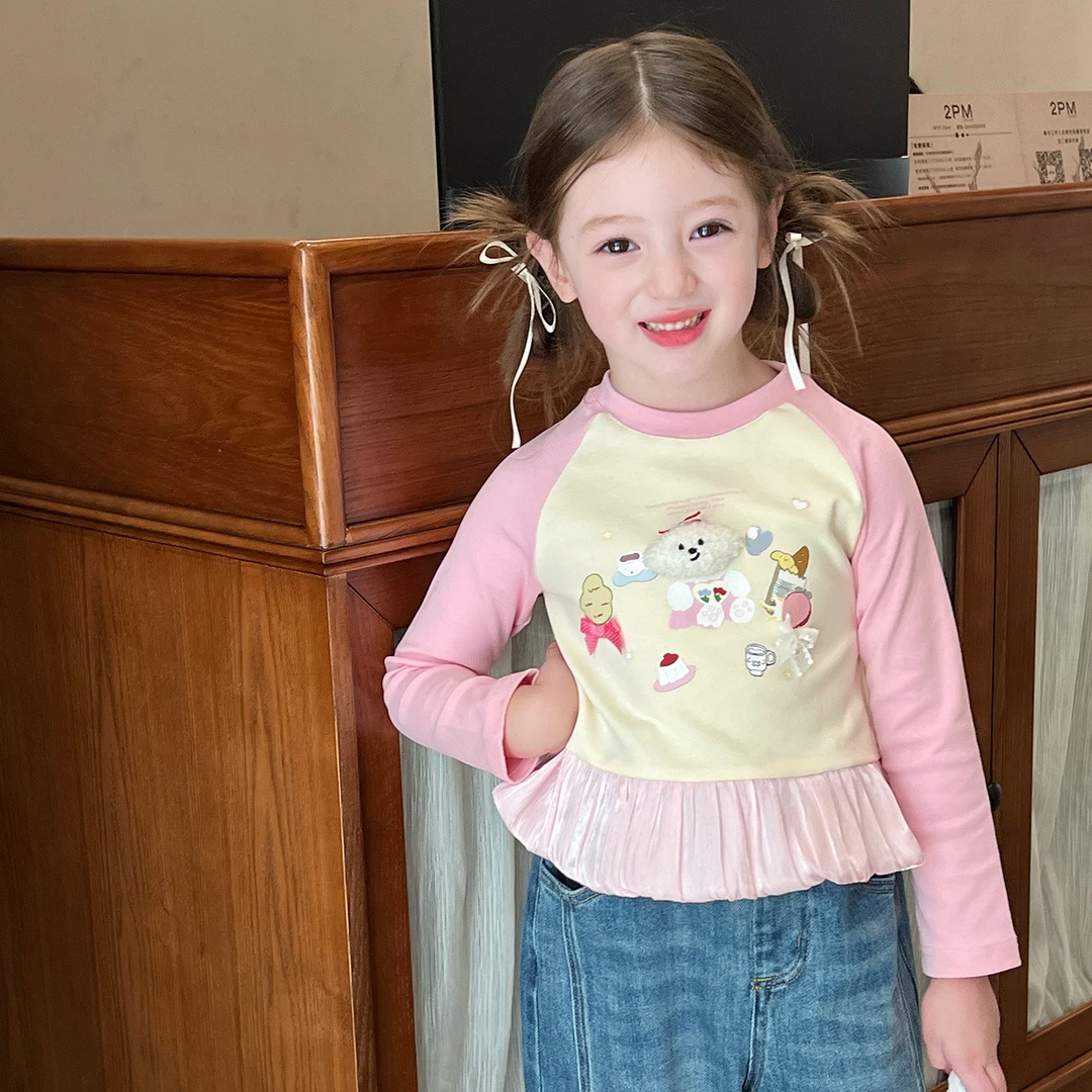 栀了成长记童装女童百搭长袖T恤秋季新款裤子女宝插肩袖印花上衣