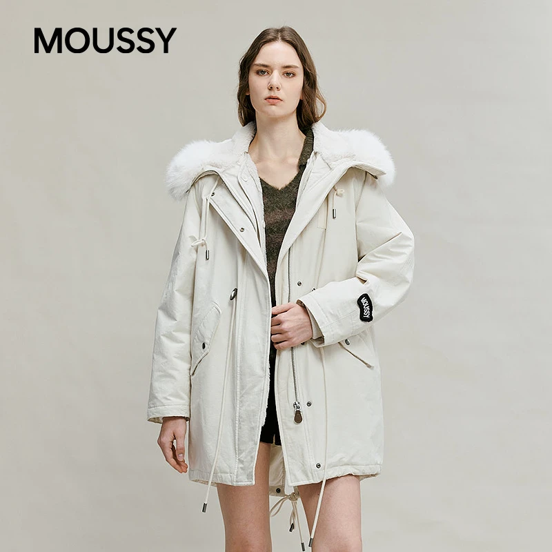 MOUSSY 2025冬季新品抽绳收腰毛领连帽保暖夹克外套028IAA30-1087