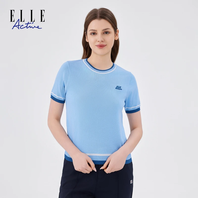 ELLE Active2025春夏短袖纱线针织衫透气时尚圆领上衣休闲T恤女装
