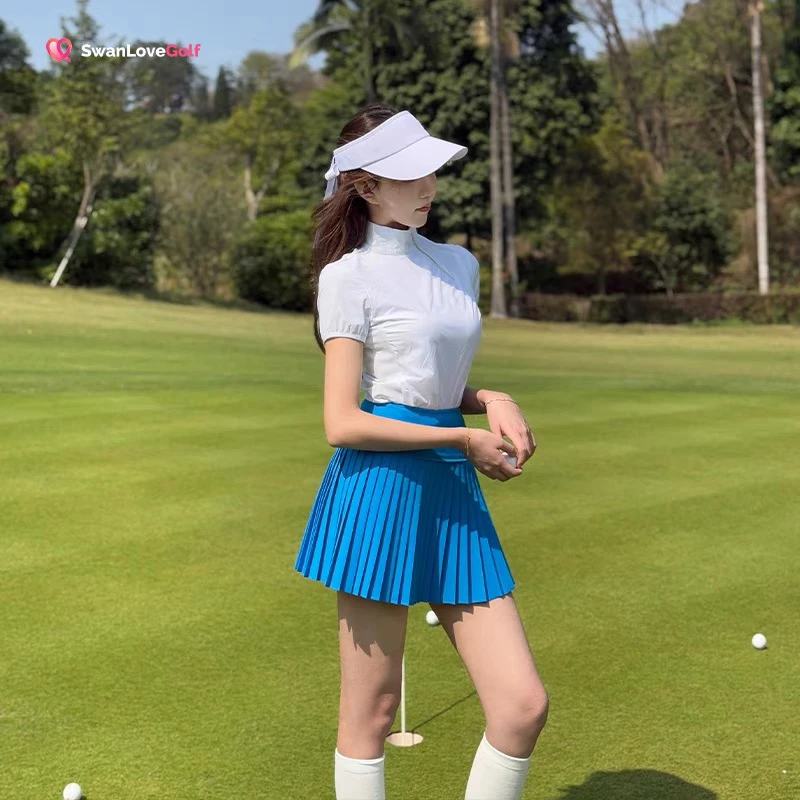 高尔夫服装女款春夏薄款速干短袖侧拉链式透气玫瑰花球服百褶裙女