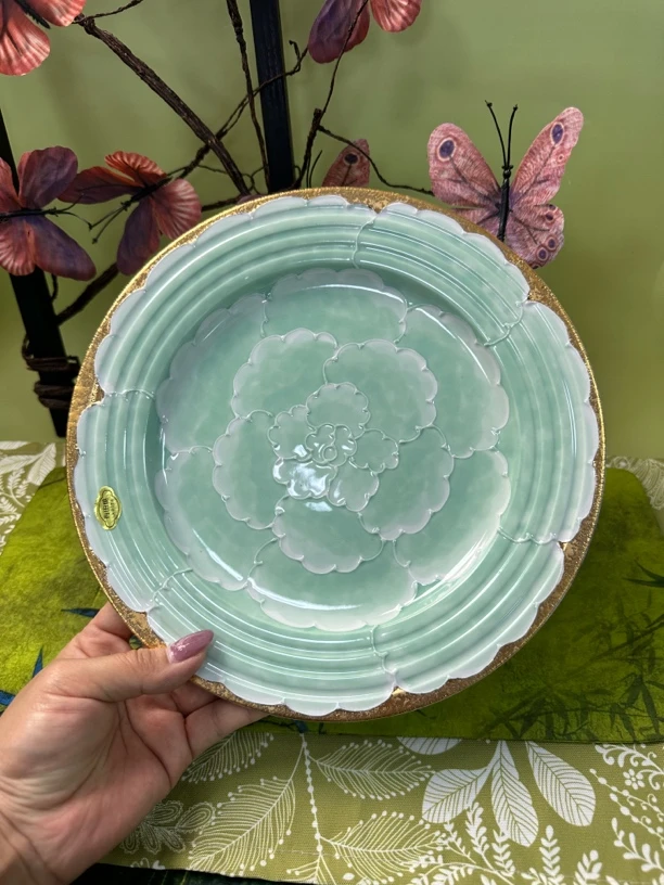 【一起淘儿】花瓣浮雕烧文山窑绿色牡丹画片高级圆盘陶瓷盘子花边