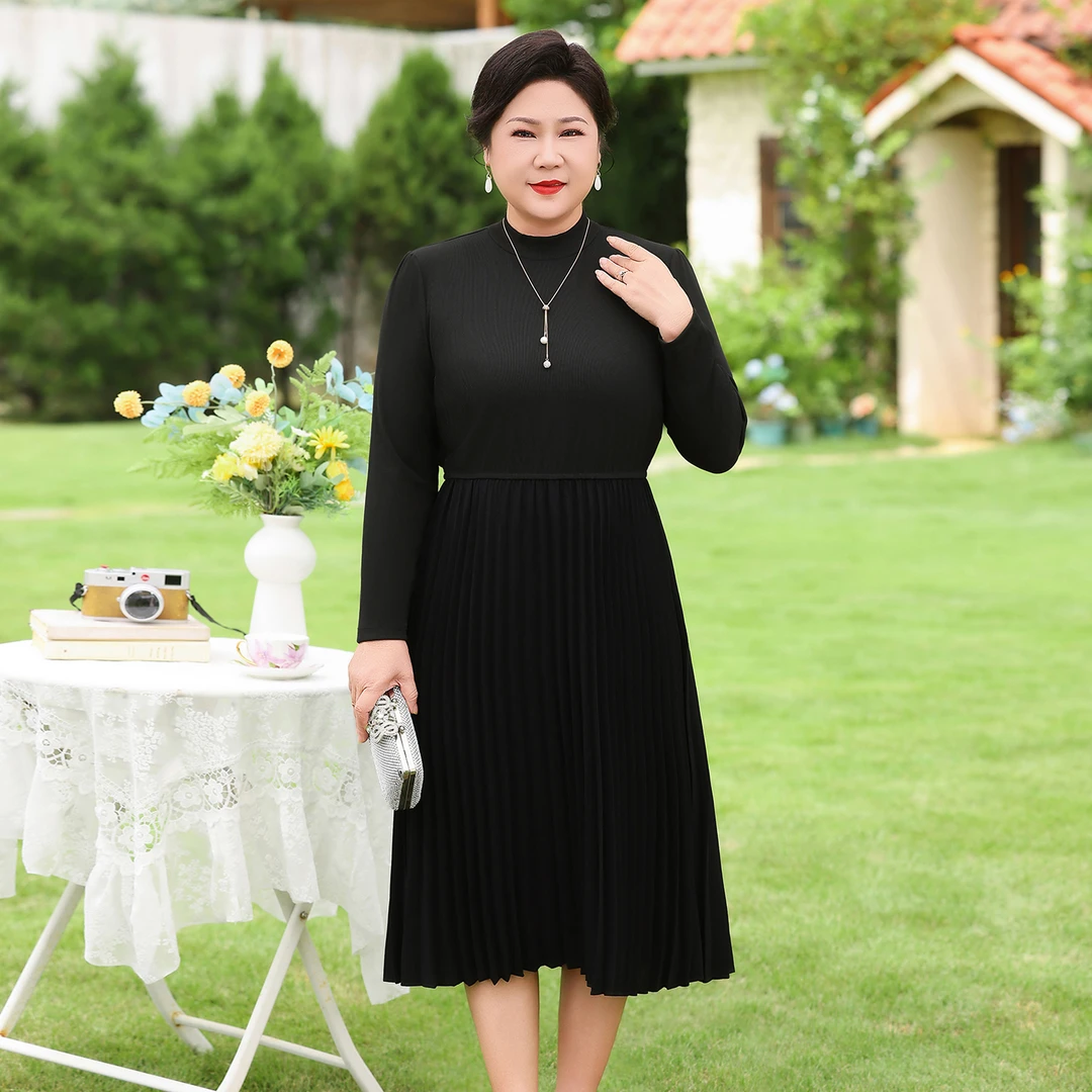 妈妈连衣裙长袖打底黑色百褶裙中老年女装时尚气质显瘦内搭a字裙