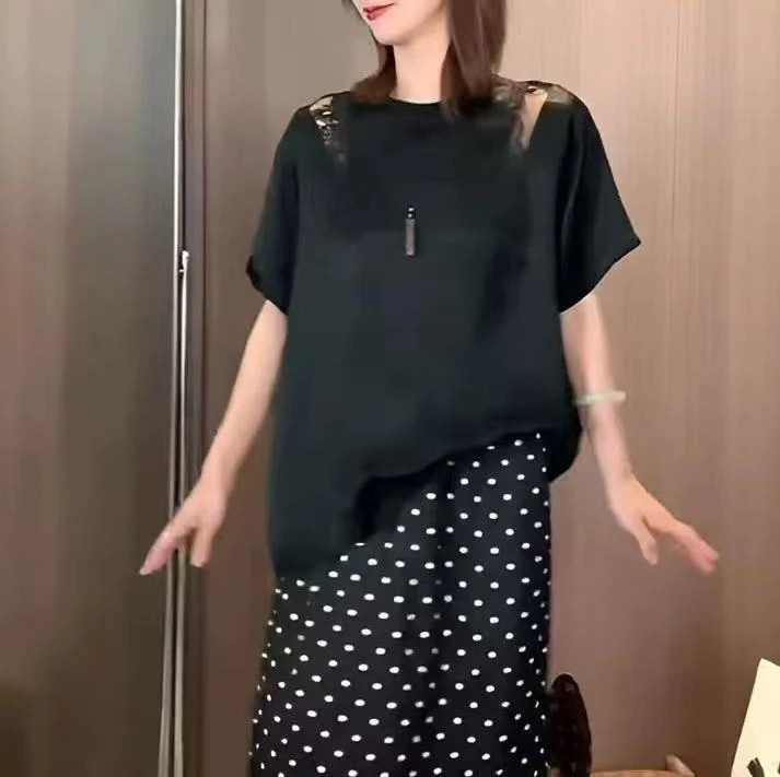 凤姐定制{醋酸镂空短袖}F0072025002夏季宽松黑色拼接蕾丝露肩T恤