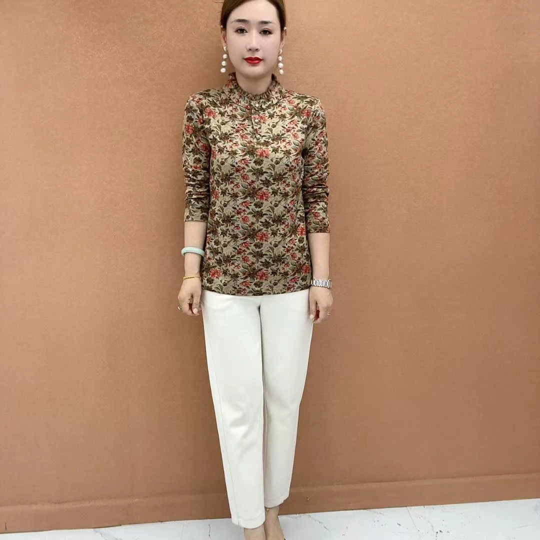 秋季新款立领木耳边打底衫洋气时尚弹力妈妈装显瘦遮肉女装上衣