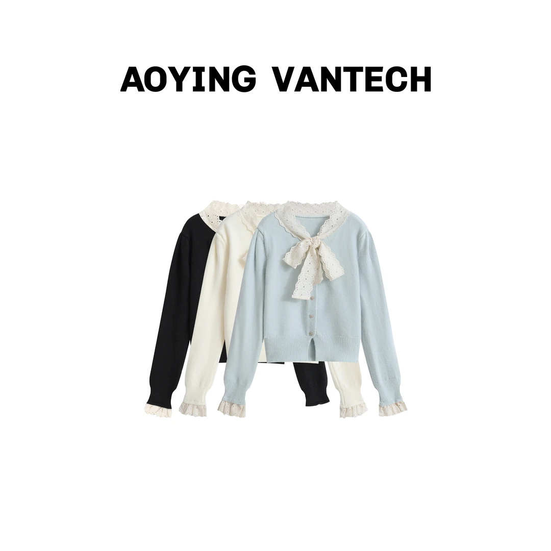 AOYING VANTECH【轻法美感】浪漫蝴蝶结拼接系带针织衫保暖毛衣