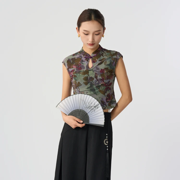 西町村屋印花弹力网纱立领短袖小衫女夏季复古百搭上衣XEAC10317