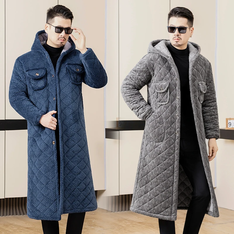 棉服男罩衣特长过膝款保暖家居服外套棉袄加绒大褂加厚外穿工作服