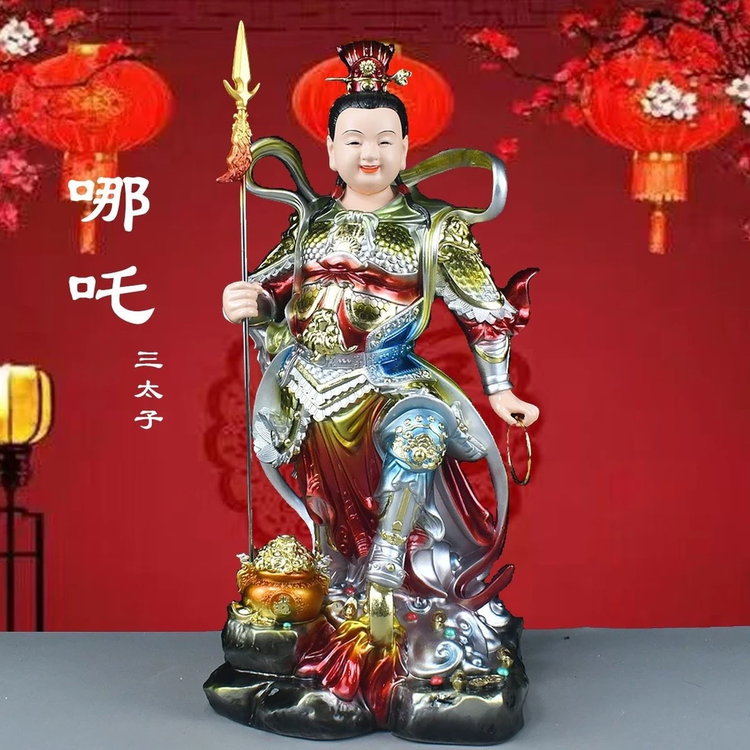 新款树脂铜彩哪吒三太子中坛元帅佛像脚踏风火轮彩绘供奉家用佛像