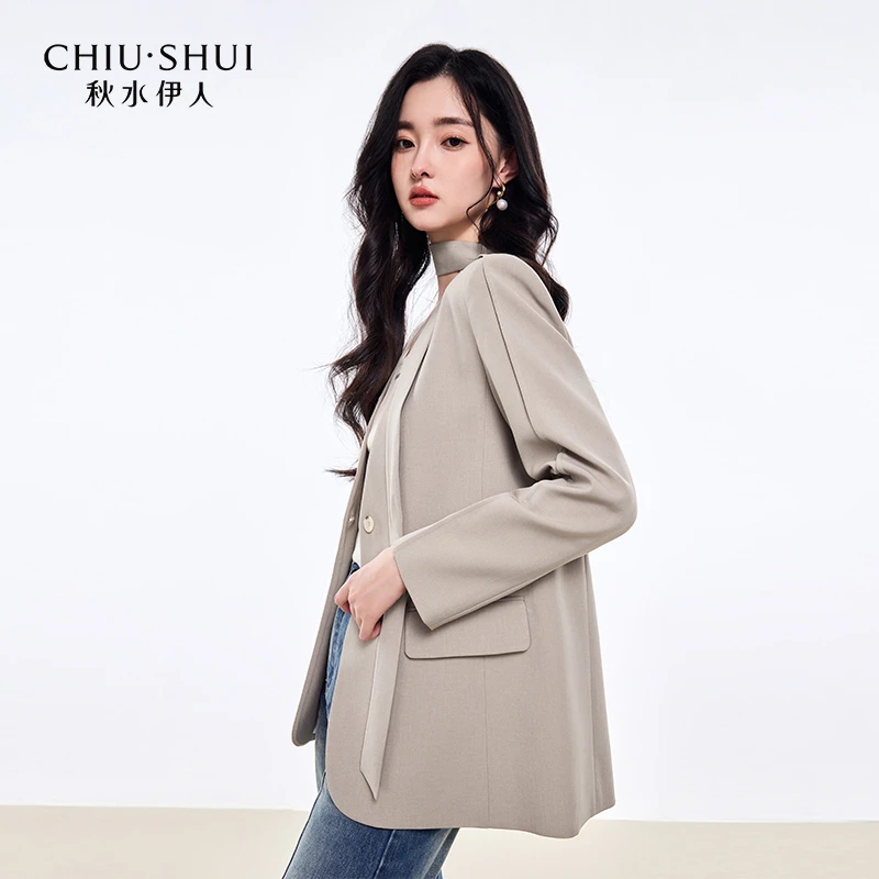 【直播】秋水伊人V领质感西装春女基础外套625101D070411