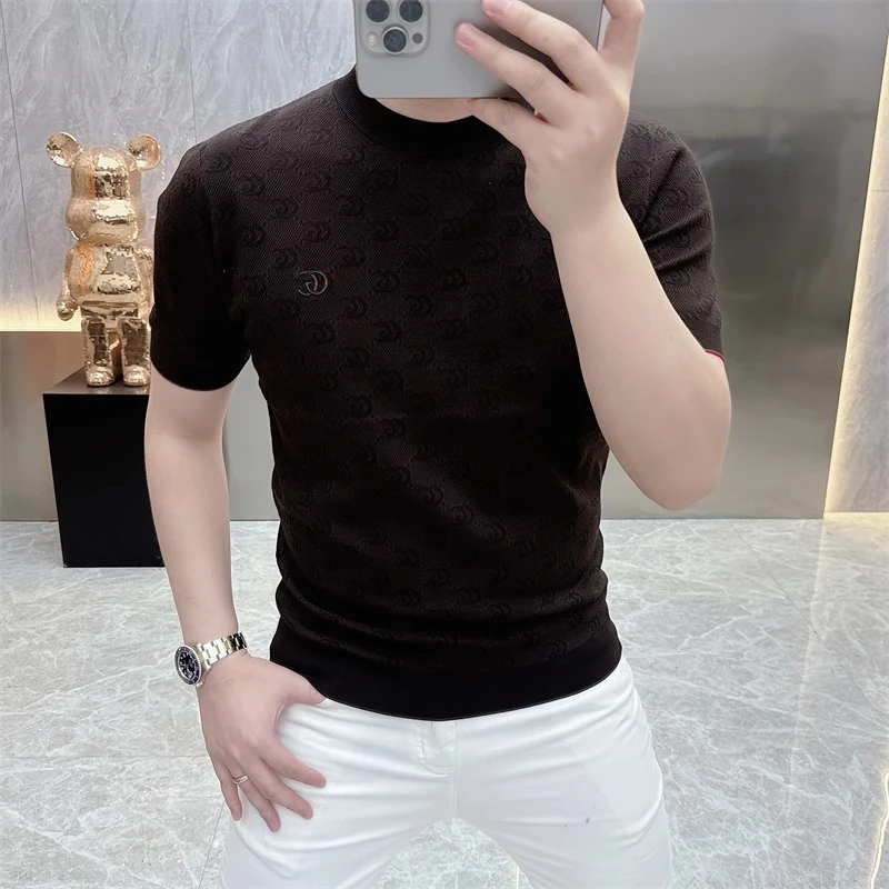 2025欧货轻奢男士针织冰丝短袖T恤印花百搭夏季半袖薄款上衣25245
