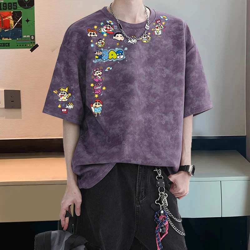 美式卡通扎染纯棉短袖t恤男女同款宽松大码上衣潮牌小众情侣半袖