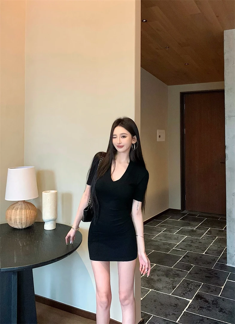 复古气质V领辣妹修身显瘦连衣裙#8193