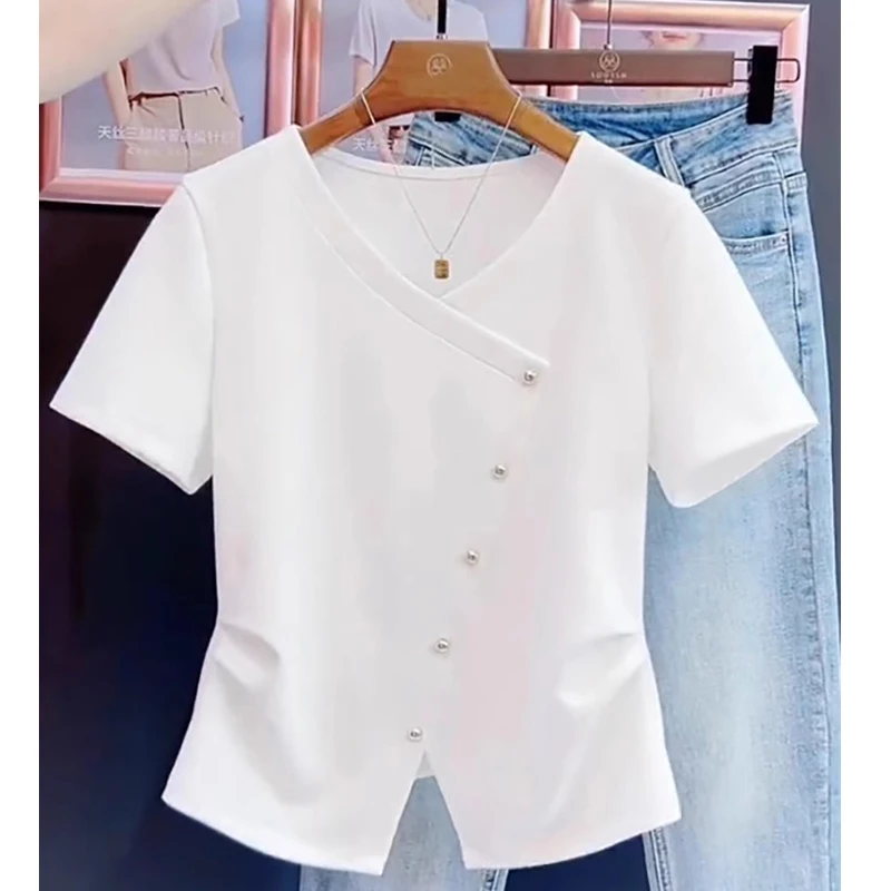 V领正肩短袖T恤女2025年夏新款胖MM大码小个子收腰不规则纯色上衣