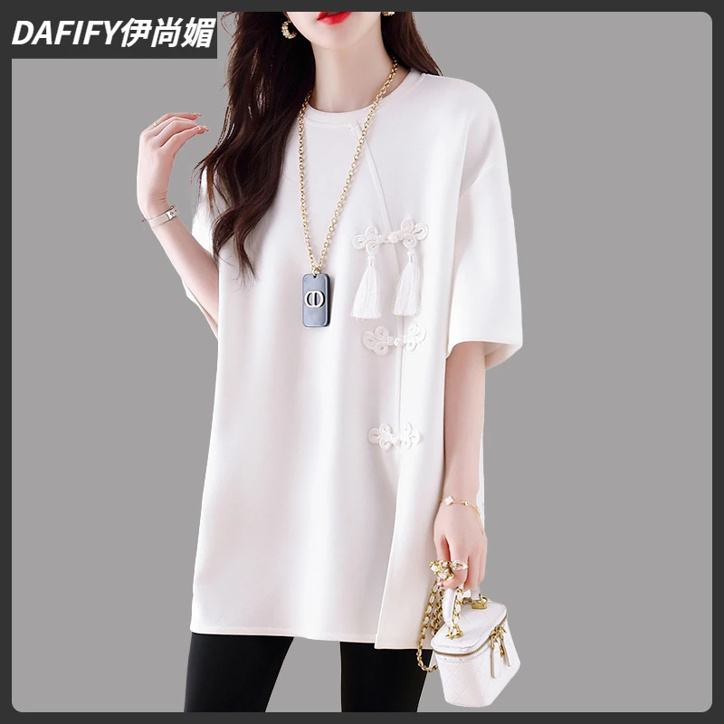1新中式国风白色t恤女夏季2025复古盘扣中长款遮屁股体恤上衣I