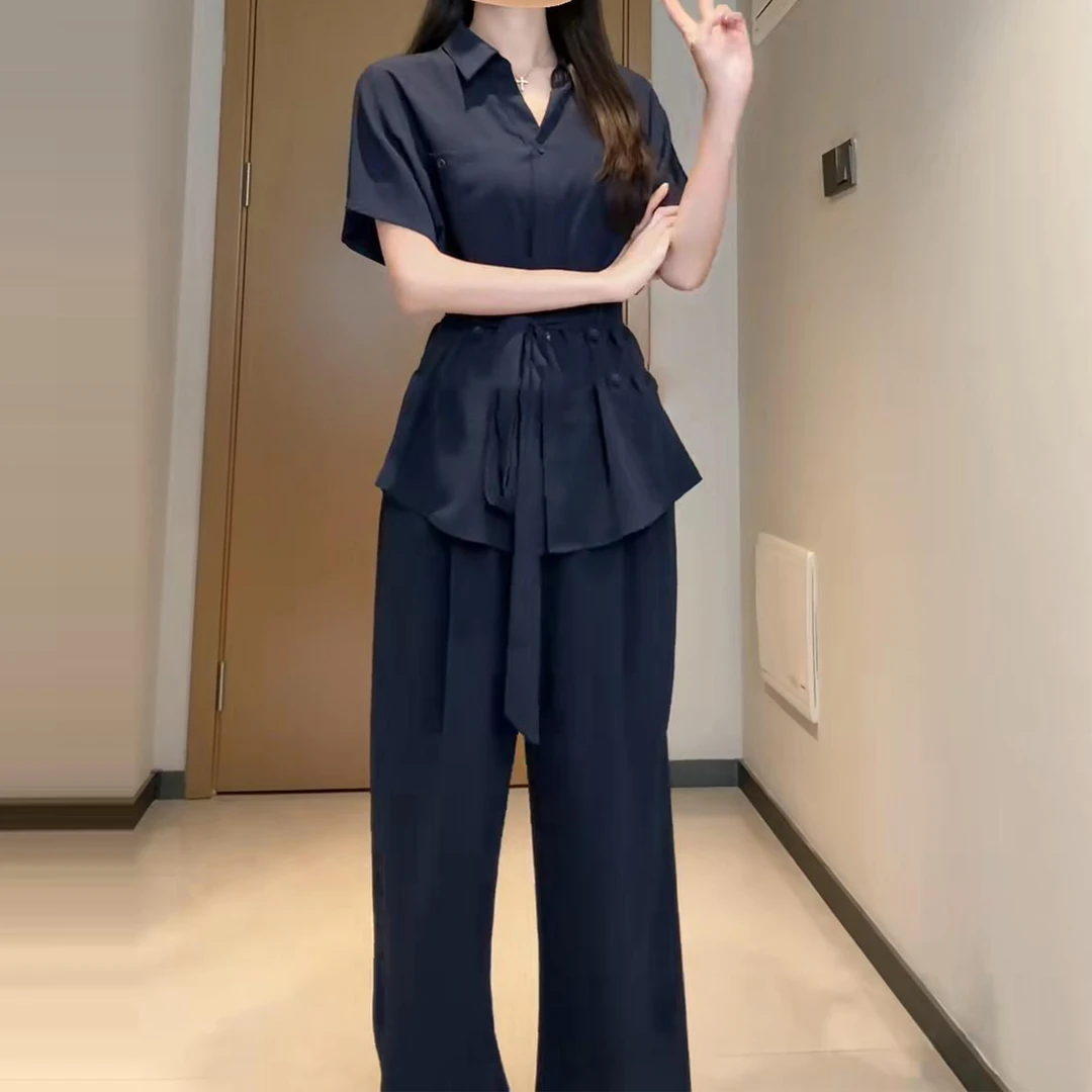 2025夏韩版短袖衬衫套装通勤气质宽松韩系上衣休闲裤阔腿裤两件套