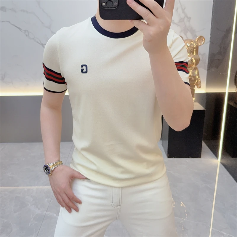 度尚-新款男士夏季高品质冰麻针织时尚潮流条纹休闲圆领短袖t恤