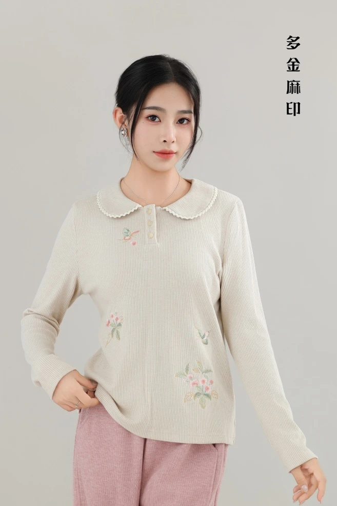 2676多金麻印衬衫春秋套头圆领打底时尚针织衬衫袖休闲风秋季网红