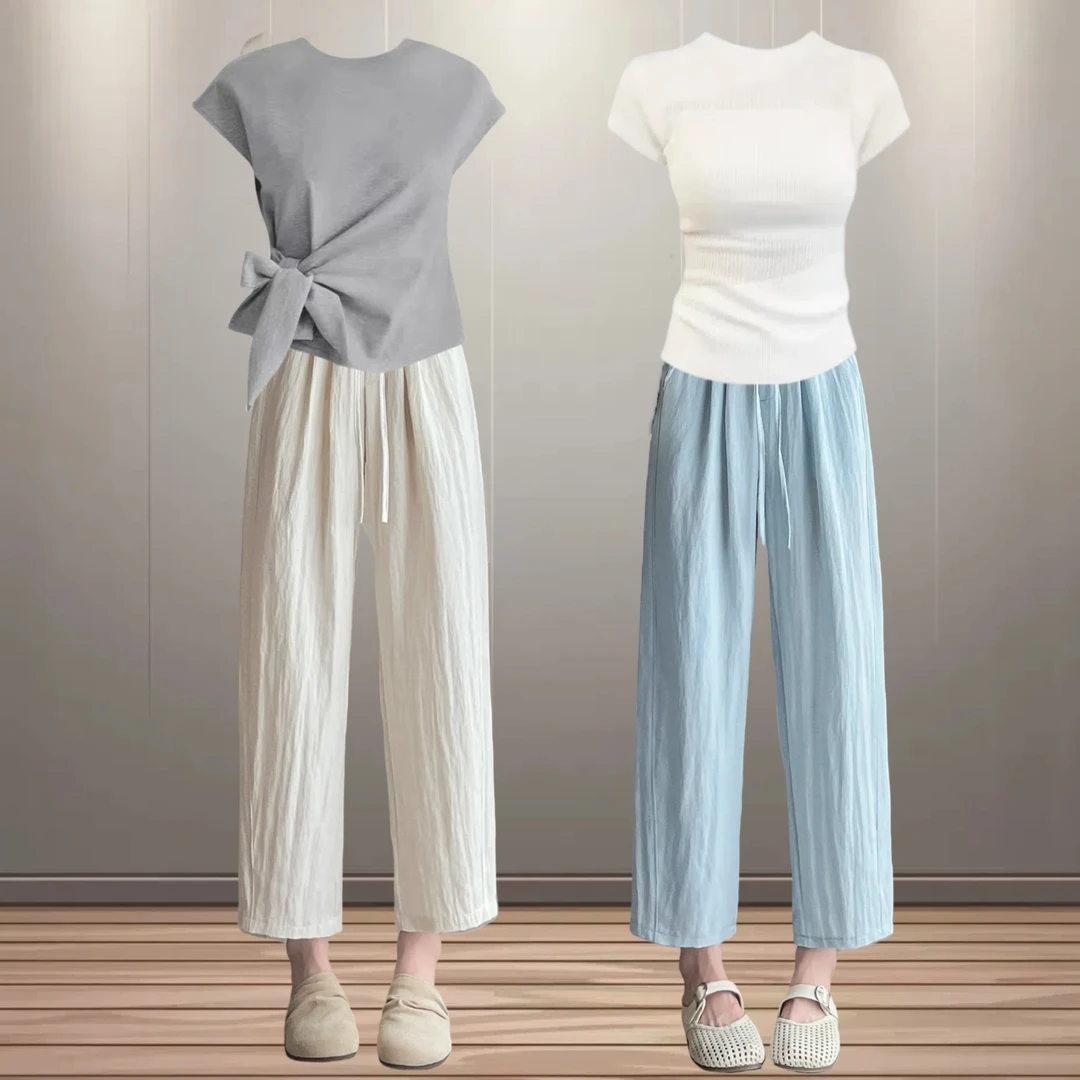 夏季亚麻薄款八分九分天丝阔腿裤女2025新款宽松冰丝窄版直筒裤女