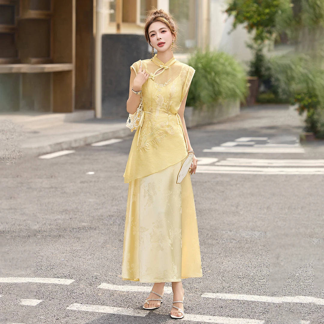 国风套装女新款时尚休闲洋气百搭简约收腰减龄新中式吊带裙两件套