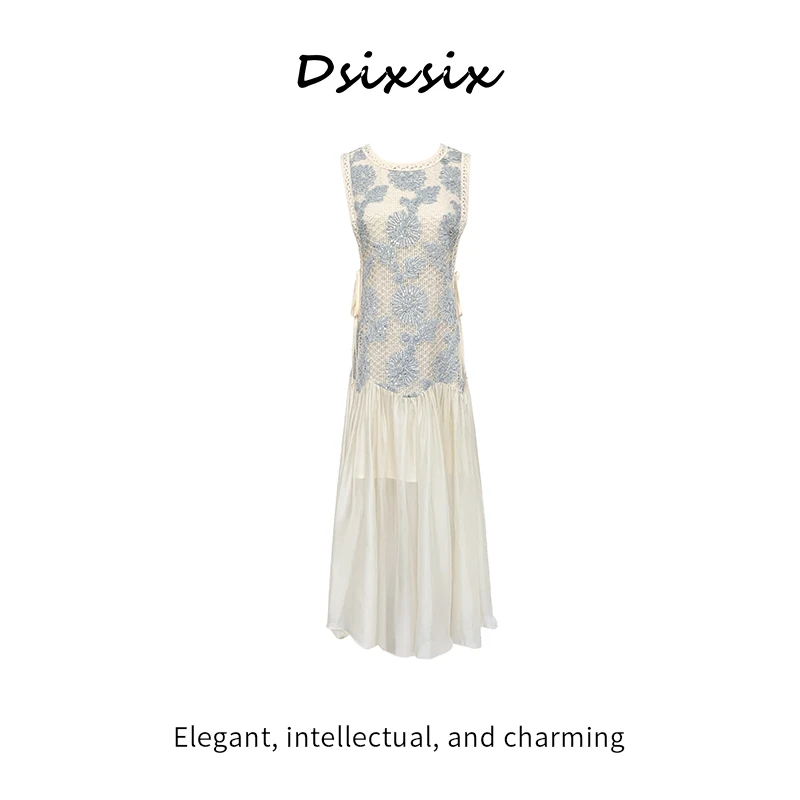 Yeah Me-【冷艳繁花】夏季新中式古典气质蓝色花朵刺绣无袖连衣裙女