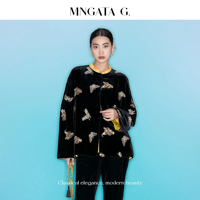 MNGATA G.宫小妍【真丝·秋蝶子墨】琥珀流光秋冬新中式外套5052660