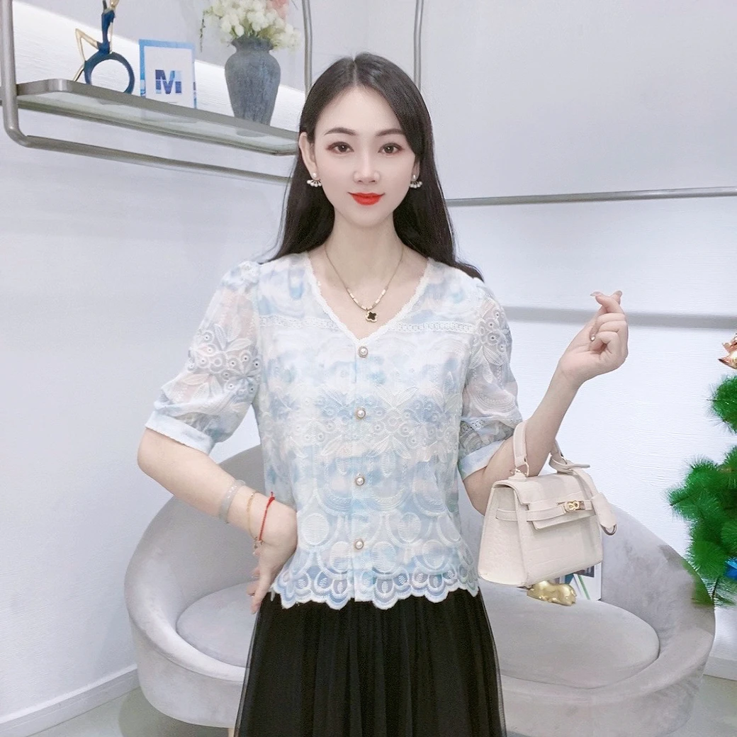 A8188法式V领短袖衬衫女夏季新款洋气减龄小香风上衣