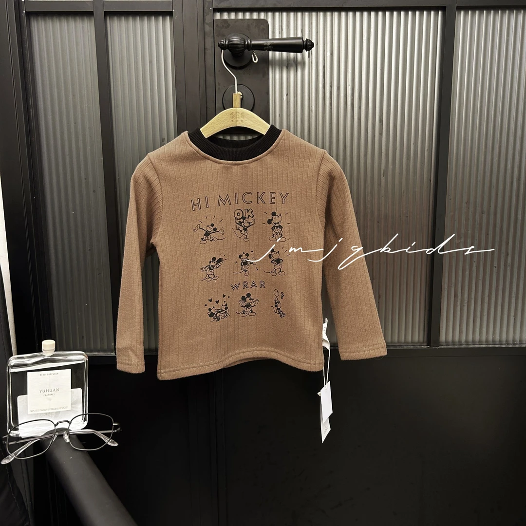 【JMJQ 201325】秋冬儿童亲肤针织贴身一体绒卡通印花撞色领打底衫