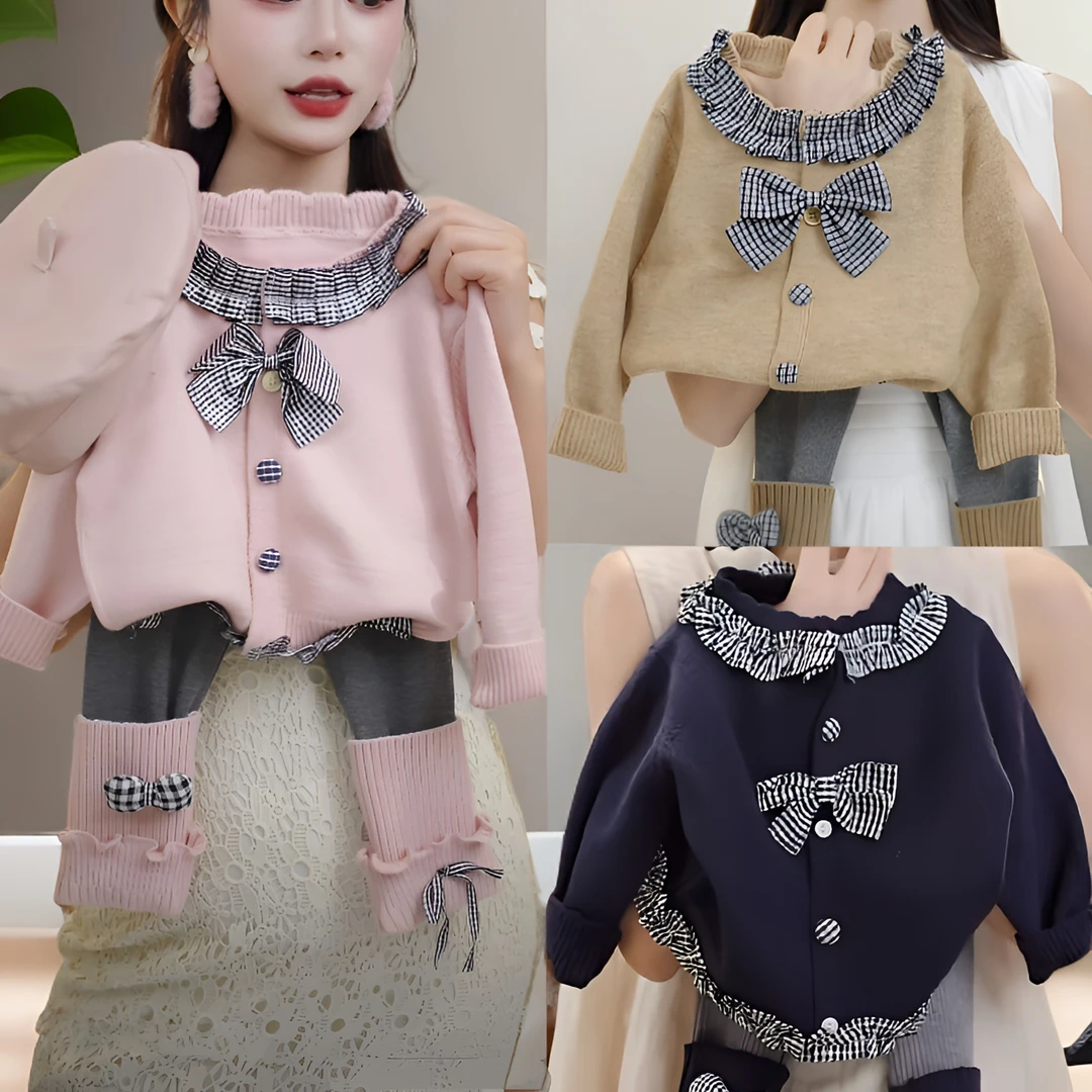 女童蝴蝶结针织开衫春秋2025新款女孩甜美格子女童红色针织长袖衫