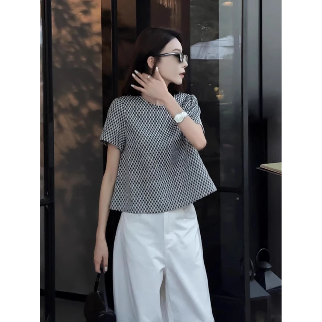 夏季穿搭高级感套装格子短袖上衣白色宽松阔腿裤简单大方的两件套