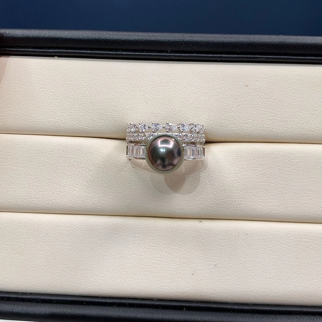 银S925镶嵌戒圈海水珍珠大溪地皇冠戒指