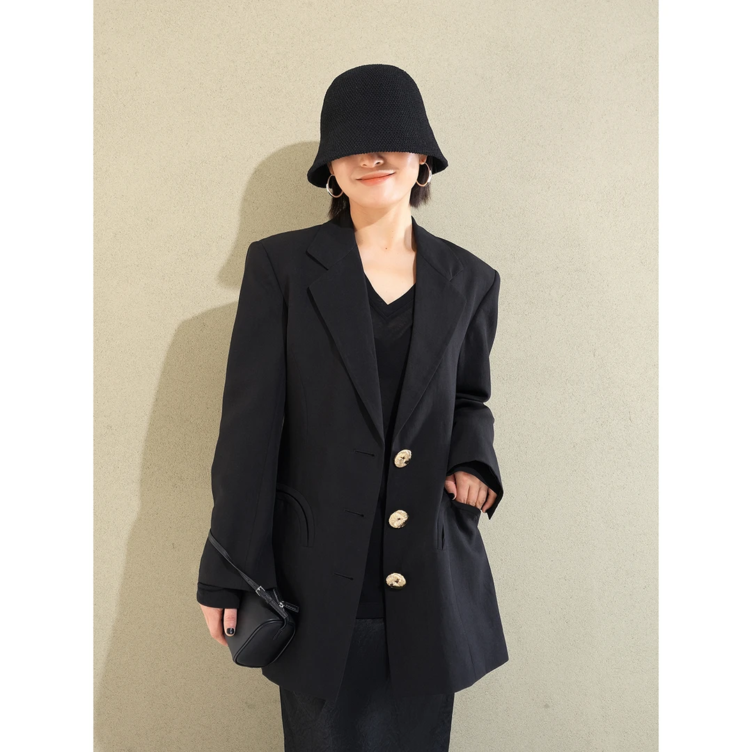 时髦修身 30亚麻70天丝金色纽扣女士中长款黑色轻便西装外套CA403