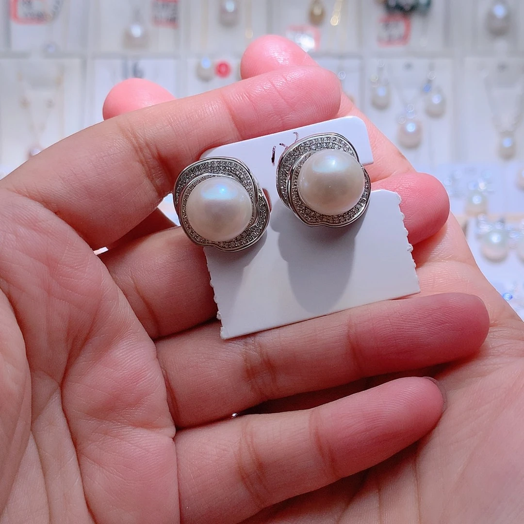 淡水珍珠耳饰银S925镶嵌CC12.3mm
