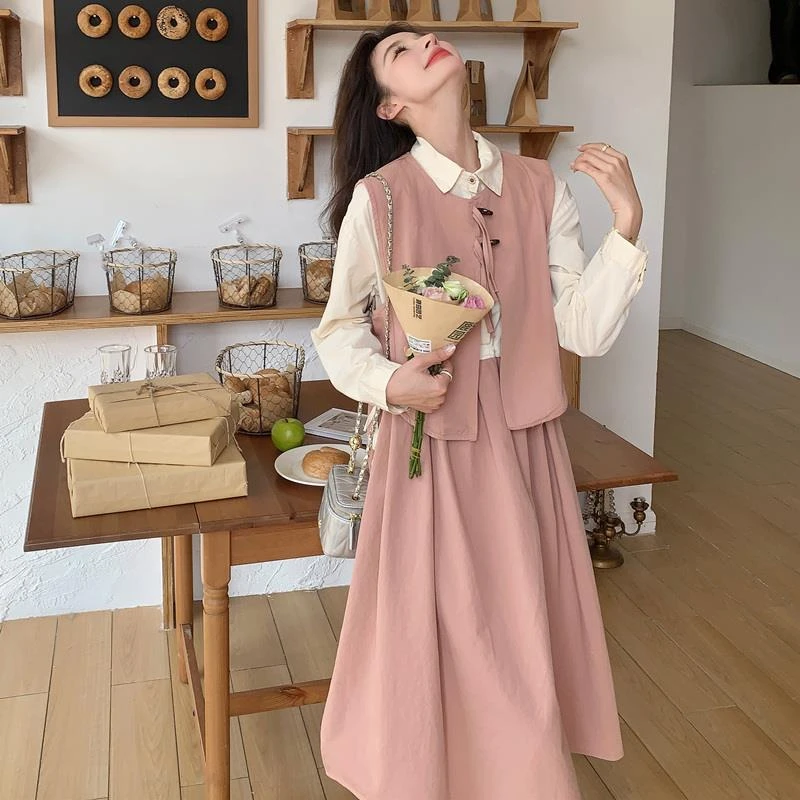 粉色甜美温柔系穿搭马甲套装长裙女春秋新款显瘦气质两件套连衣裙