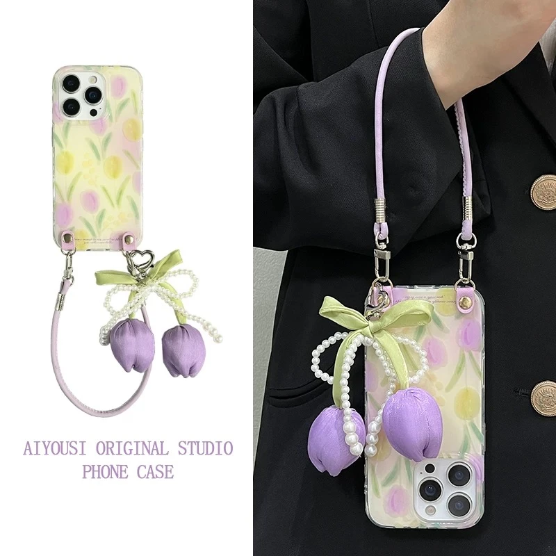 轻奢紫郁金香挂件手绳适用苹果16promax手机壳iPhone15pro新14女