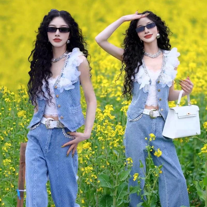 新款减龄小香风牛仔套装女2025夏季时尚花边无袖马甲牛仔裤两件套