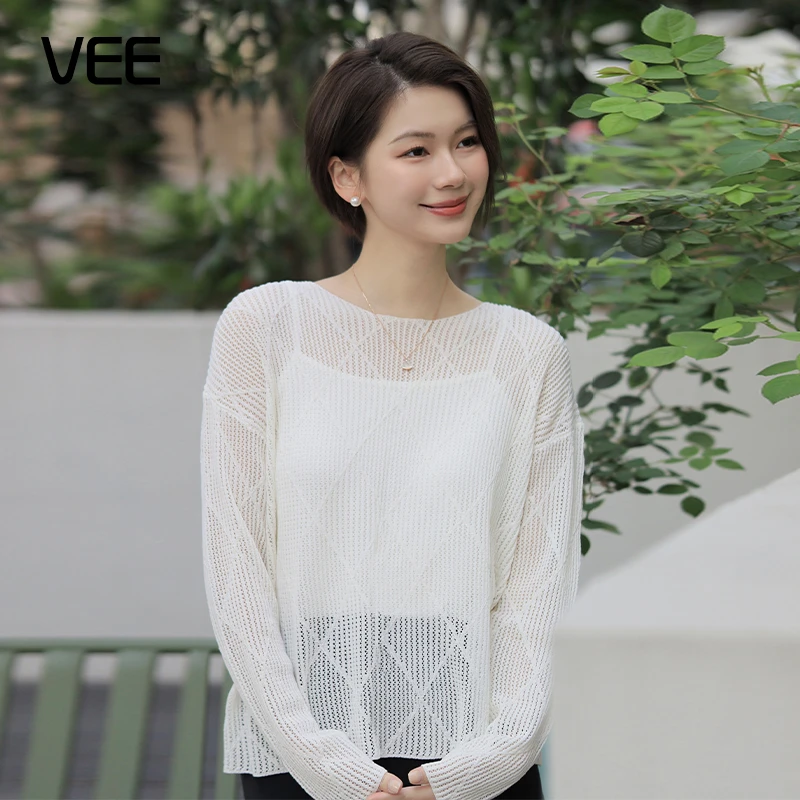 VEE【清风叙】25新款莱赛尔镂空菱形格罩衫度假感套头针织衫