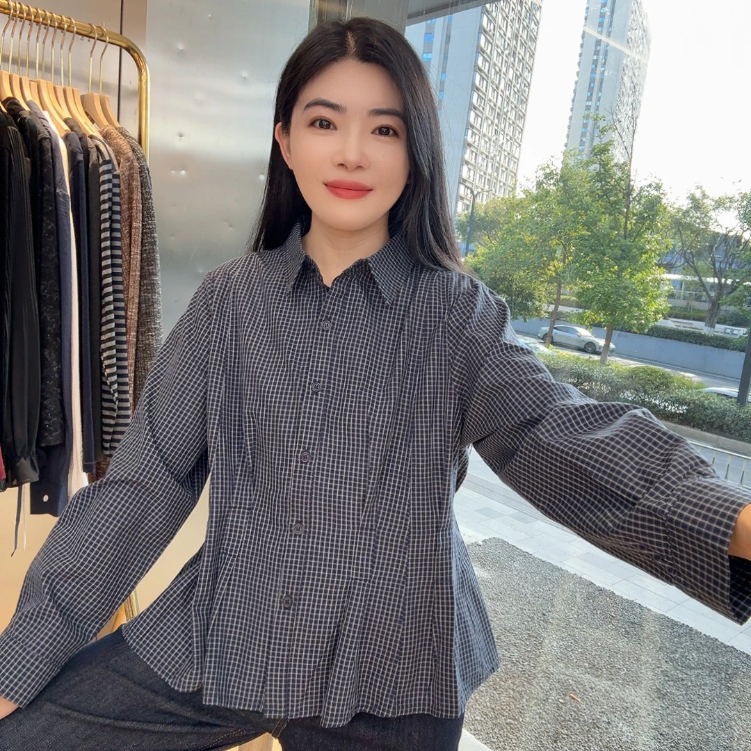 QC 253832  翻领格子显瘦衬衫百搭时尚长袖日系上衣