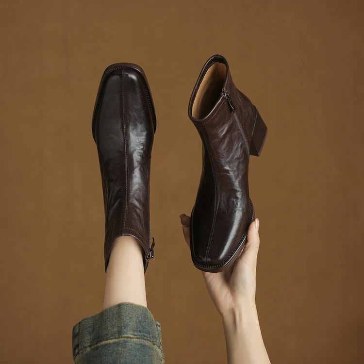 羊皮~6cm真皮靴子女2025流行小短靴法式方头瘦瘦靴粗跟百搭英伦风