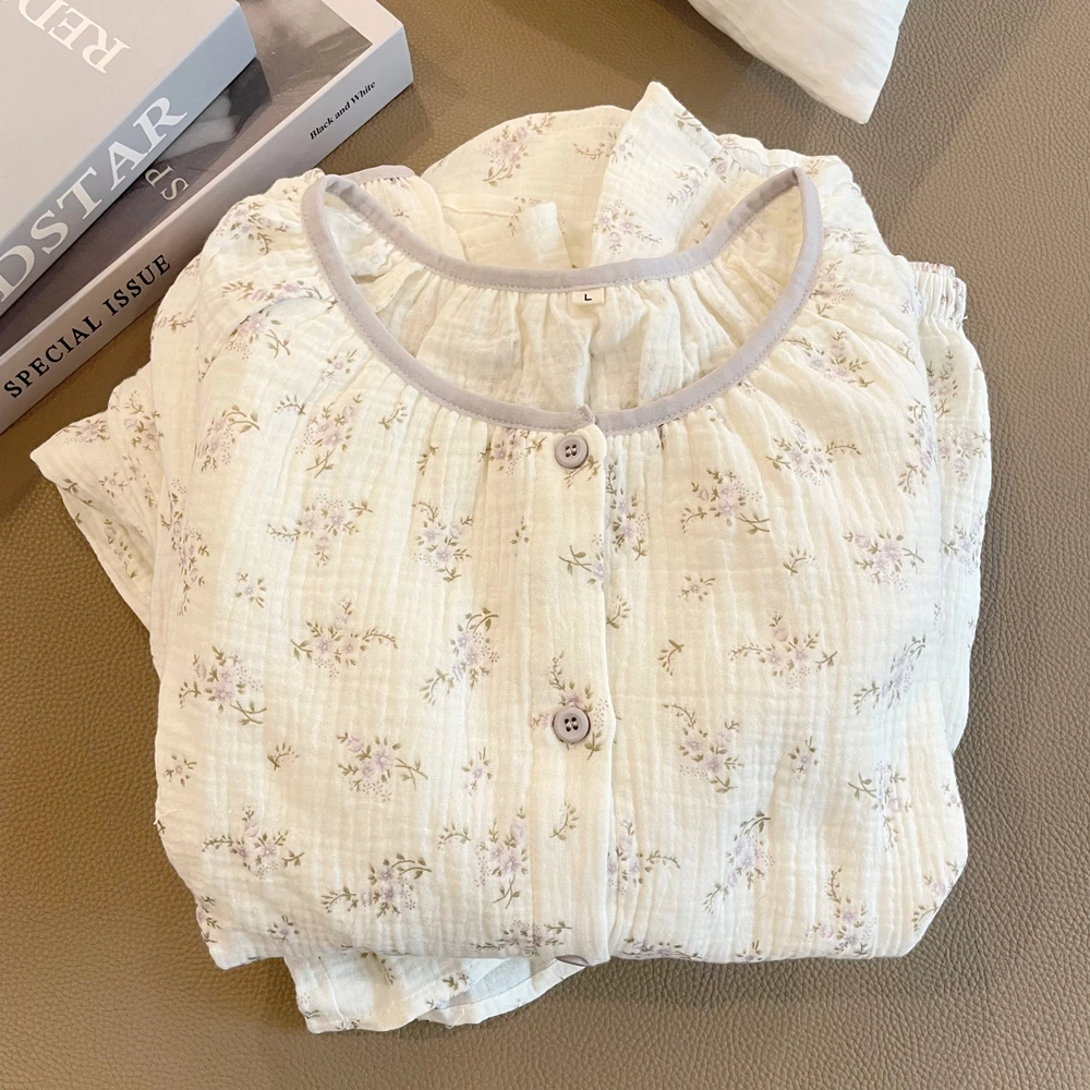 双层纯棉纱布睡衣女春秋季新款长袖日系甜美碎花100%全棉家居服夏