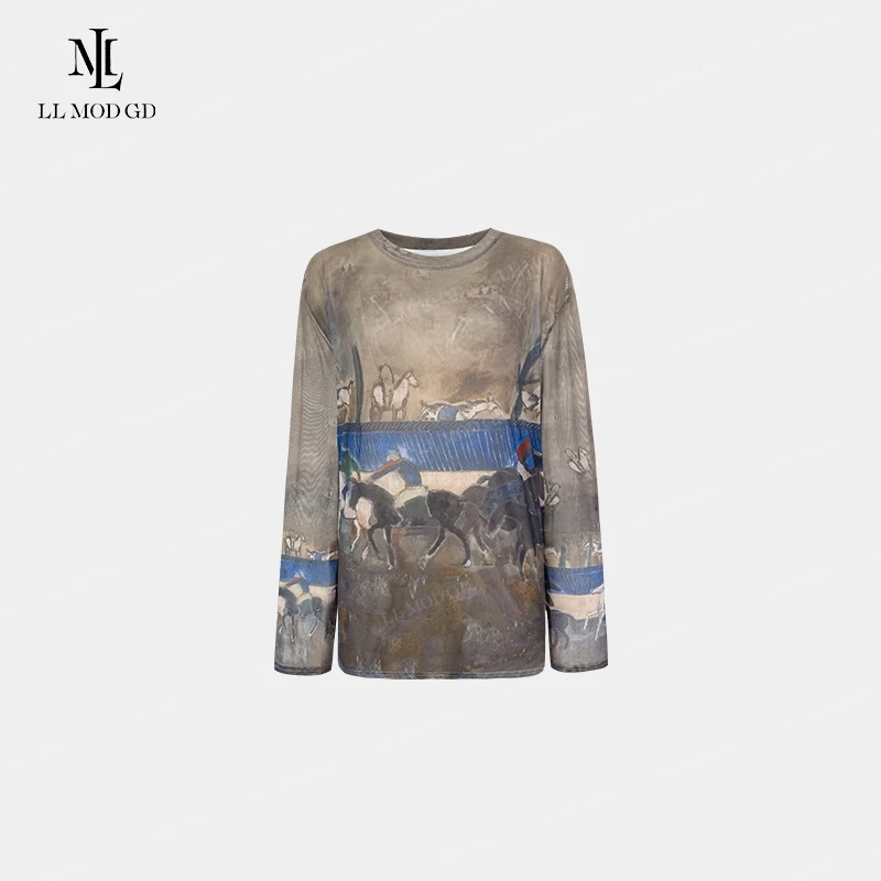 潮绘纱感 复古做旧艺术抽象马群撞色微透网纱长袖防晒衣YL-262237