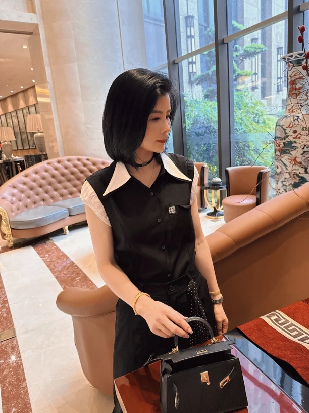 【娟子】夏季设计感黑白假两件领拼接衬衫