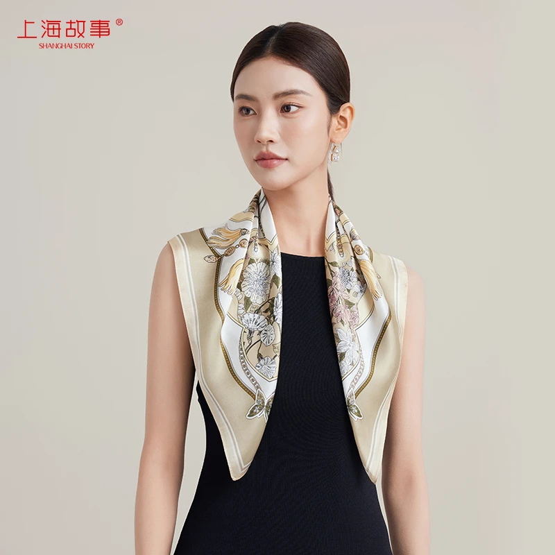 上海故事2025春夏新款桑蚕丝印花桑蚕丝方巾女丝巾妈妈款三八节礼