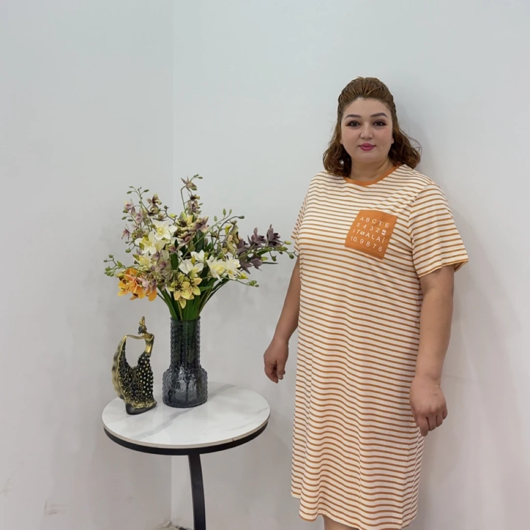 女士夏季短袖条纹卡通宽松睡裙家居服