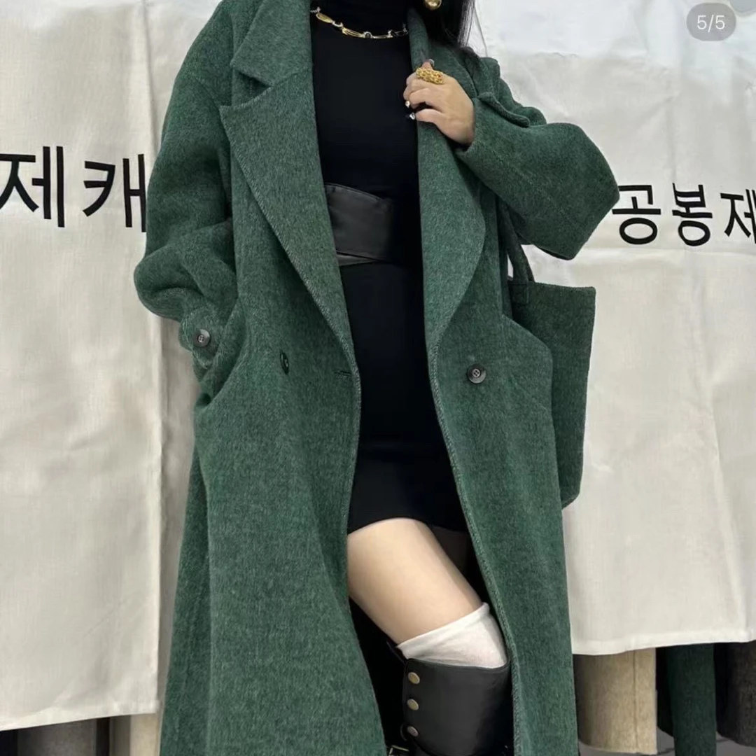 韩系新款宽松慵懒百搭双面大衣女长款秋冬保暖外套绿色燕麦色灰色