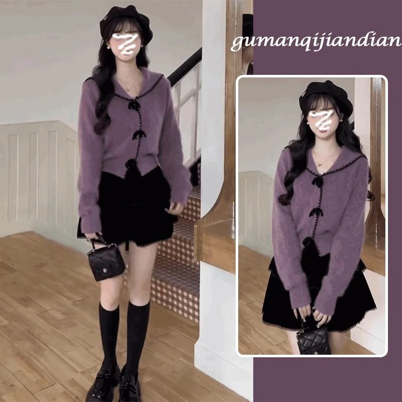 秋冬时尚穿搭一整套女2025新款设计感娃娃领毛衣高腰短裙两件套潮