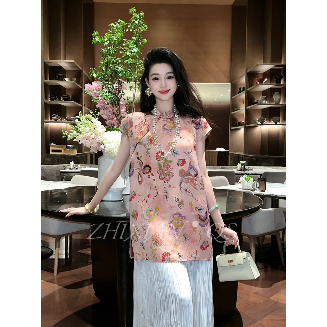 粉蝶霓裳-25年夏季新款新中式人丝香云短袖粉色小上衣